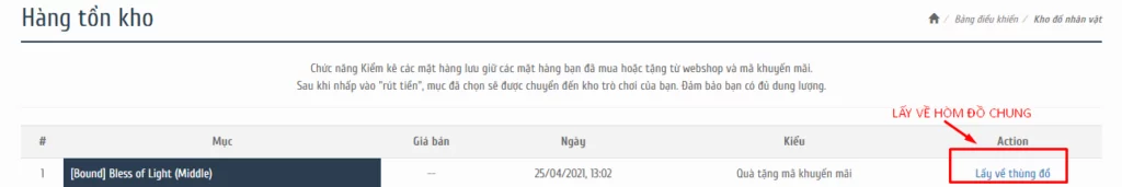 Vào kho trang bị trên web (Hàng tồn kho) để lấy vật phẩm về
