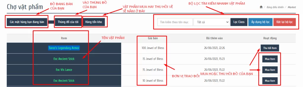 Các tính năng trong Market - Chợ vật phẩm